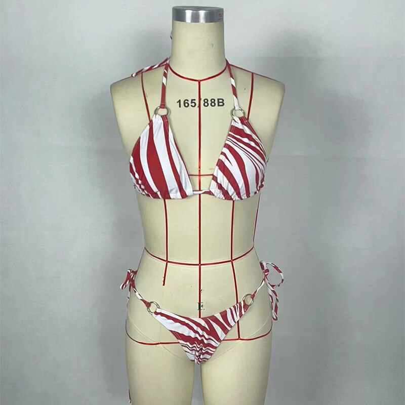 Fashion Sexy Bikini Swimsuit Summer Three Piece Print Backless Lace Up Bathing Suit Swimwear For Female