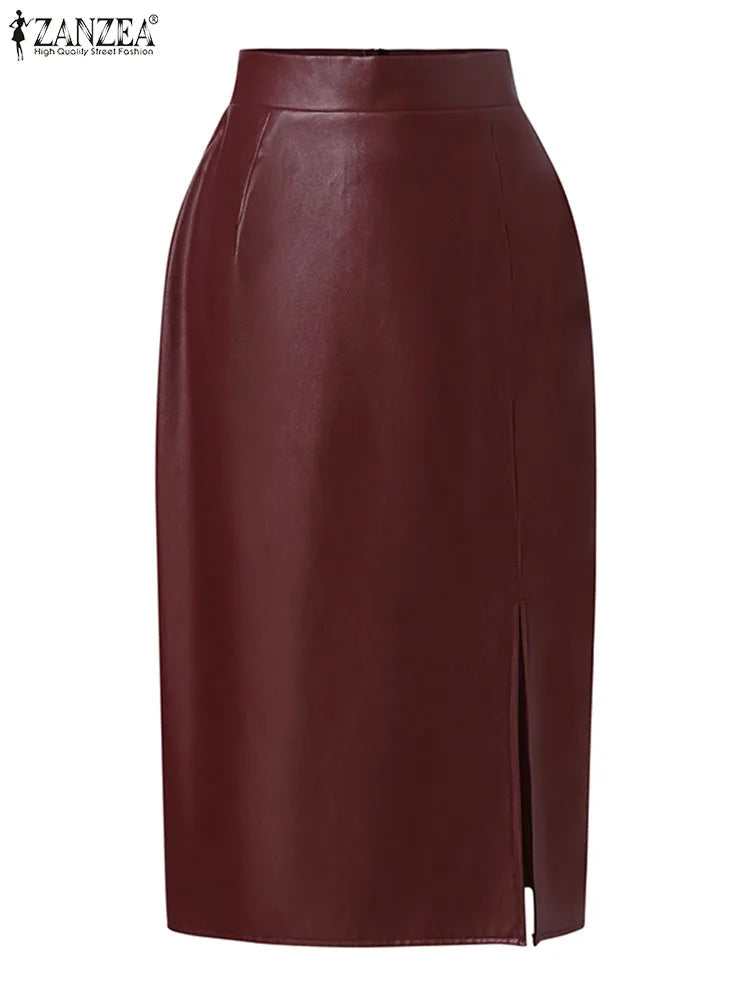 Fashion Side Slit Skirts ZANZEA PU Leather Women Elegant High Waist Bodycon Sheath Midi Jupes 2023 Autumn Sexy Slim Faldas Mujer
