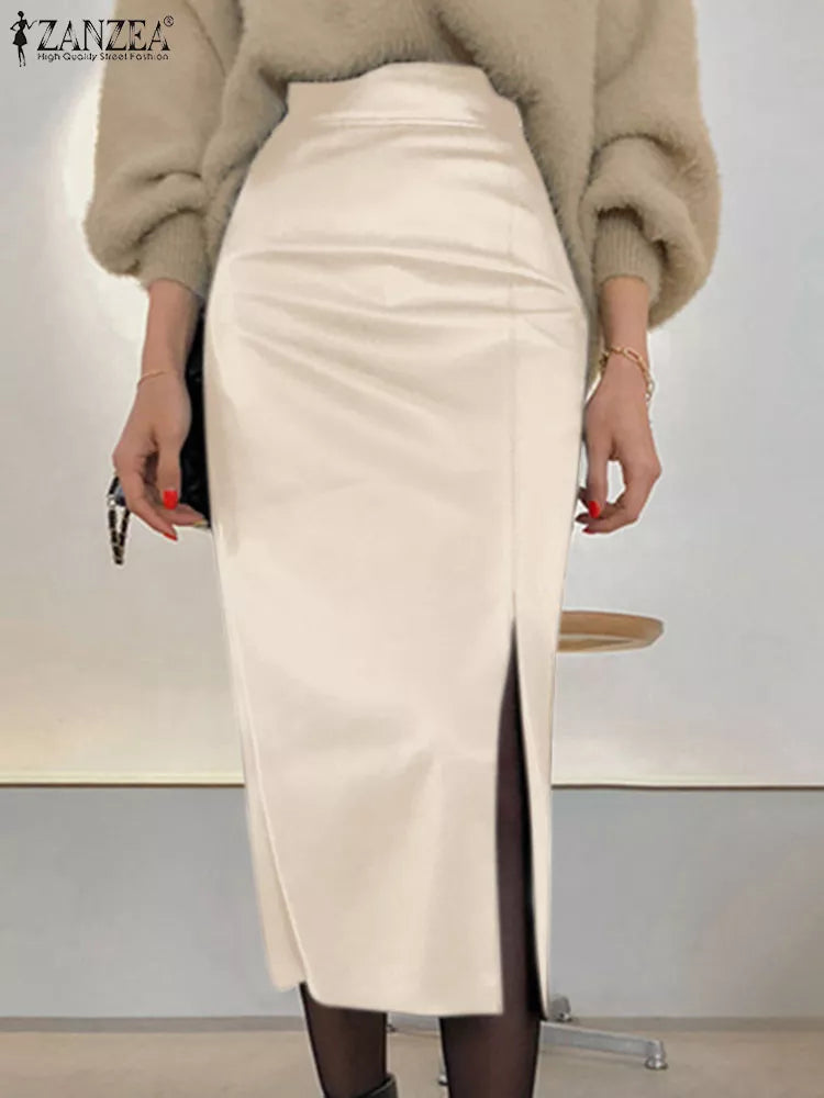 Fashion Side Slit Skirts ZANZEA PU Leather Women Elegant High Waist Bodycon Sheath Midi Jupes 2023 Autumn Sexy Slim Faldas Mujer