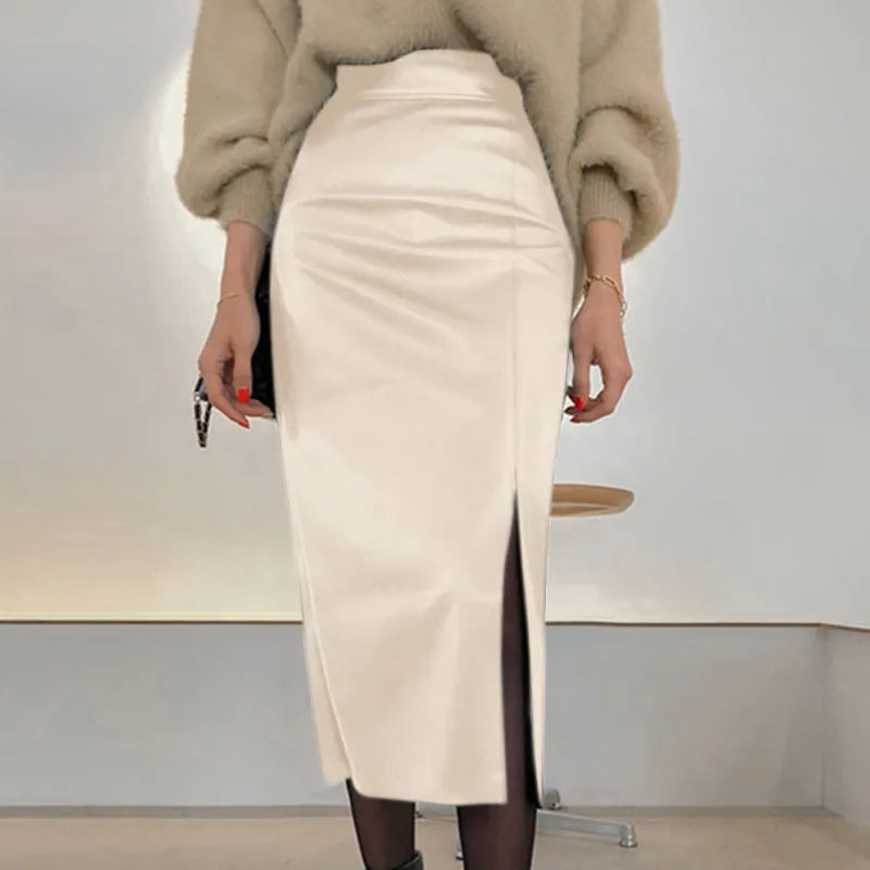 Fashion Side Slit Skirts ZANZEA PU Leather Women Elegant High Waist Bodycon Sheath Midi Jupes 2023 Autumn Sexy Slim Faldas Mujer Beige