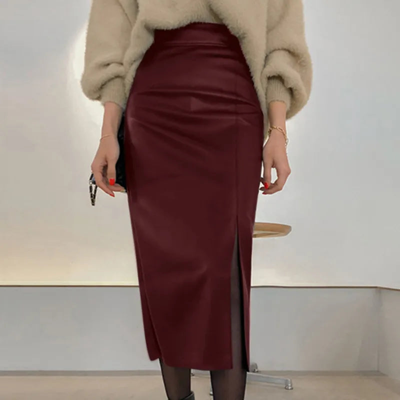 Fashion Side Slit Skirts ZANZEA PU Leather Women Elegant High Waist Bodycon Sheath Midi Jupes 2023 Autumn Sexy Slim Faldas Mujer Wine Red
