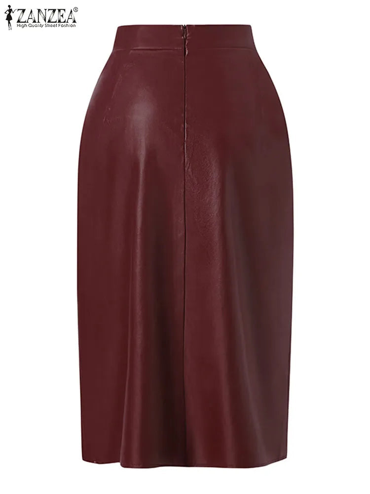 Fashion Side Slit Skirts ZANZEA PU Leather Women Elegant High Waist Bodycon Sheath Midi Jupes 2023 Autumn Sexy Slim Faldas Mujer