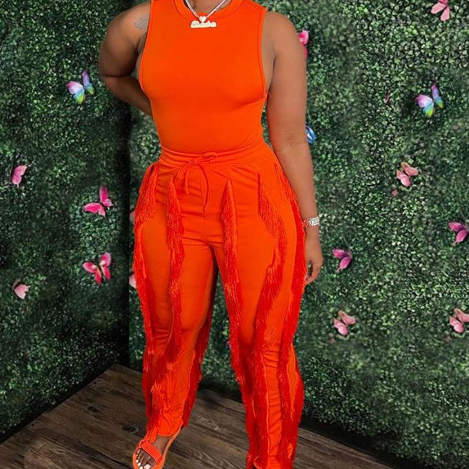 Fashion Solid Romper Casual Tank Top &amp; Tassel Decor Drawstring Pants Set Skinny Tank Jumpsuits Summer Female Outfit Streetwear A