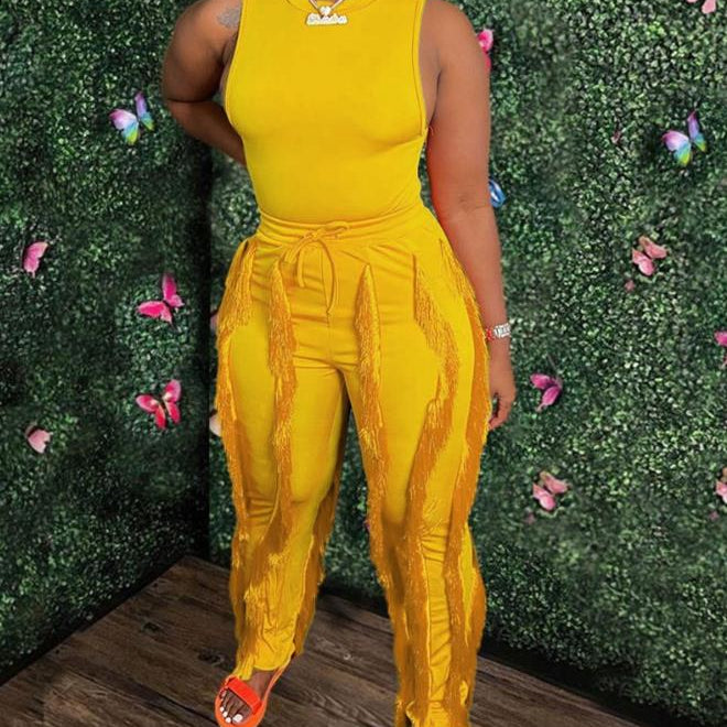 Fashion Solid Romper Casual Tank Top &amp; Tassel Decor Drawstring Pants Set Skinny Tank Jumpsuits Summer Female Outfit Streetwear F