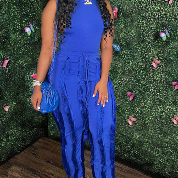 Fashion Solid Romper Casual Tank Top &amp; Tassel Decor Drawstring Pants Set Skinny Tank Jumpsuits Summer Female Outfit Streetwear