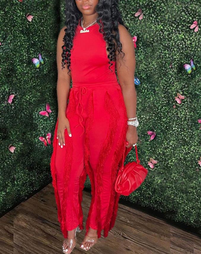 Fashion Solid Romper Casual Tank Top &amp; Tassel Decor Drawstring Pants Set Skinny Tank Jumpsuits Summer Female Outfit Streetwear B