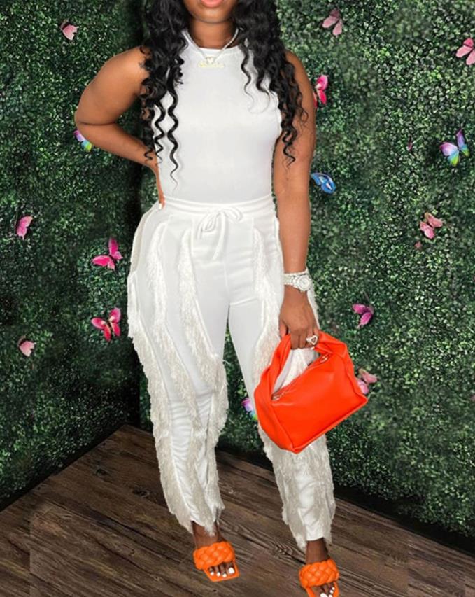 Fashion Solid Romper Casual Tank Top &amp; Tassel Decor Drawstring Pants Set Skinny Tank Jumpsuits Summer Female Outfit Streetwear D