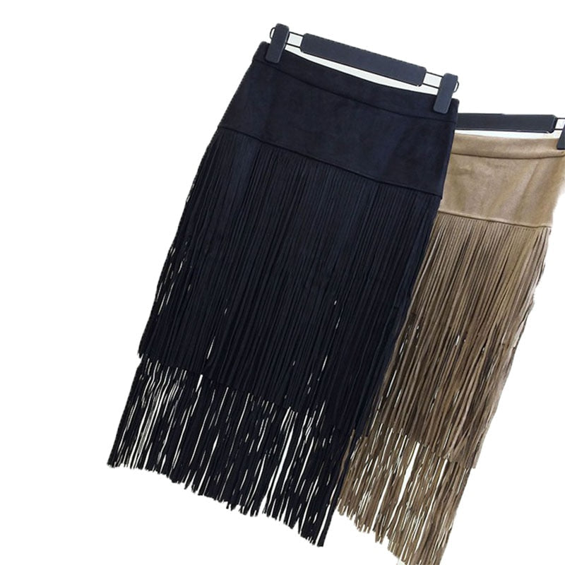 Fashion Vintage Skirts New Heavy Hierarchical High Waist Straight Leather Skirt Fringed Suede Tassel Saias Skirts Womens