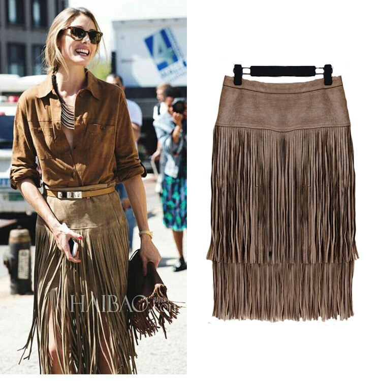 Fashion Vintage Skirts New Heavy Hierarchical High Waist Straight Leather Skirt Fringed Suede Tassel Saias Skirts Womens Khaki Women Skirts