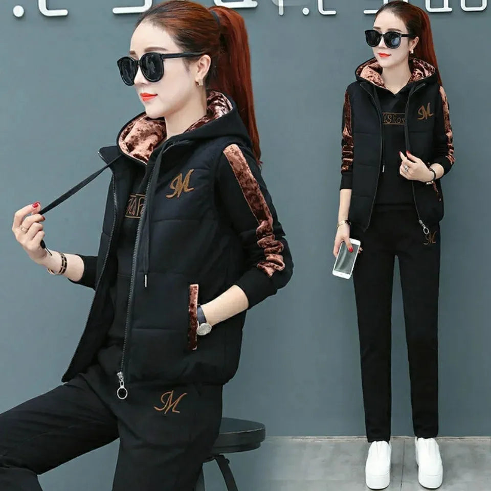 Fashion Warm Three Piece Set Women Outfit 2024 Fall Winter Thicken Tracksuit Casual Waistcoat + Hoodies + Pant Female Sweat Suit