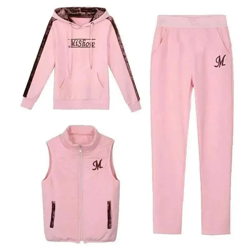 Fashion Warm Three Piece Set Women Outfit 2024 Fall Winter Thicken Tracksuit Casual Waistcoat + Hoodies + Pant Female Sweat Suit