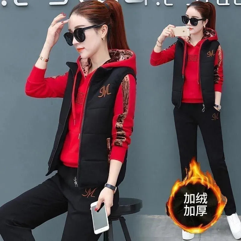 Fashion Warm Three Piece Set Women Outfit 2024 Fall Winter Thicken Tracksuit Casual Waistcoat + Hoodies + Pant Female Sweat Suit red