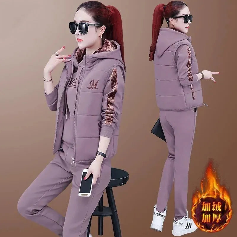 Fashion Warm Three Piece Set Women Outfit 2024 Fall Winter Thicken Tracksuit Casual Waistcoat + Hoodies + Pant Female Sweat Suit purple