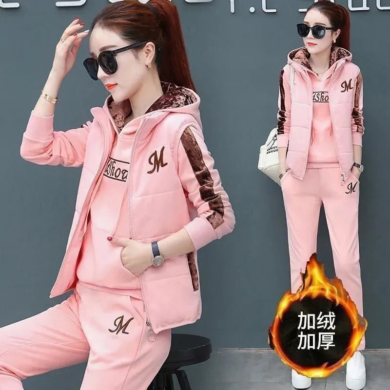 Fashion Warm Three Piece Set Women Outfit 2024 Fall Winter Thicken Tracksuit Casual Waistcoat + Hoodies + Pant Female Sweat Suit pink