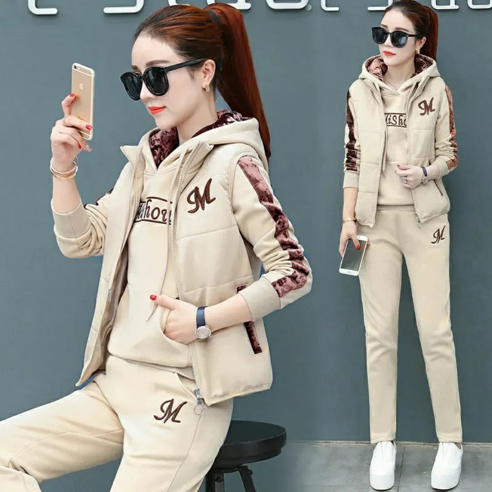Fashion Warm Three Piece Set Women Outfit 2024 Fall Winter Thicken Tracksuit Casual Waistcoat + Hoodies + Pant Female Sweat Suit