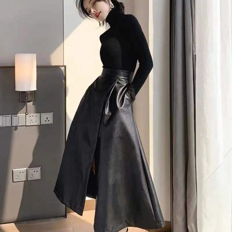Fashion Wild High-Waisted Long Skirt Women Autumn Winter New Black PU Leather Skirts Female Elegant Streetwear Split Midi Skirts black