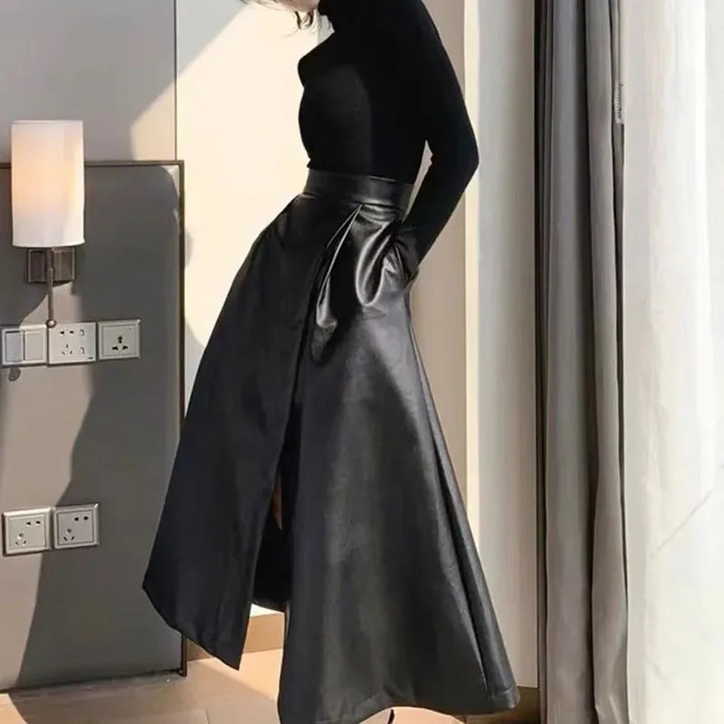 Fashion Wild High-Waisted Long Skirt Women Autumn Winter New Black PU Leather Skirts Female Elegant Streetwear Split Midi Skirts