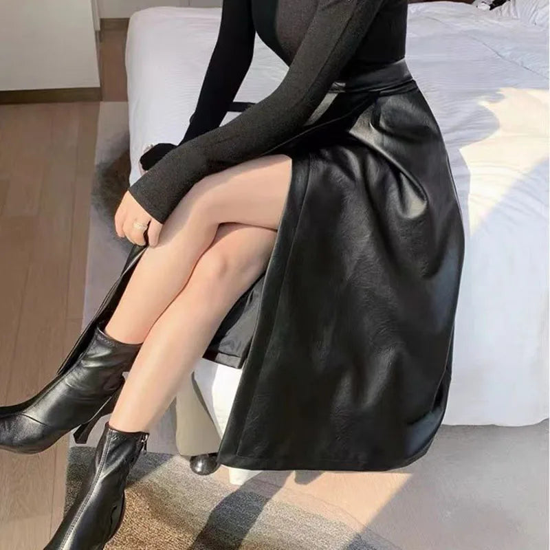 Fashion Wild High-Waisted Long Skirt Women Autumn Winter New Black PU Leather Skirts Female Elegant Streetwear Split Midi Skirts