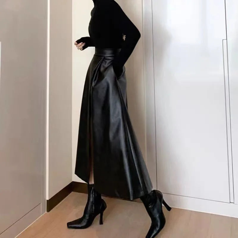 Fashion Wild High-Waisted Long Skirt Women Autumn Winter New Black PU Leather Skirts Female Elegant Streetwear Split Midi Skirts