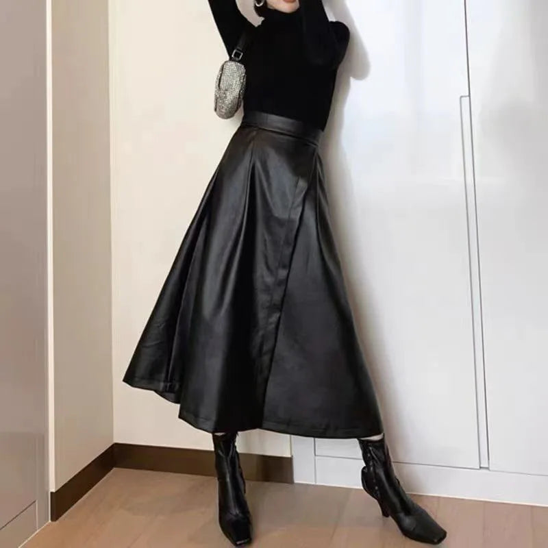 Fashion Wild High-Waisted Long Skirt Women Autumn Winter New Black PU Leather Skirts Female Elegant Streetwear Split Midi Skirts