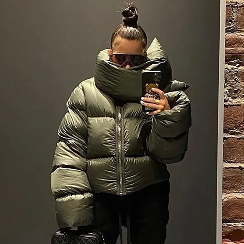 Fashion Winter Scarf Collar Zipper Puffer Jackets Beige Kahki Bubble Coats Casual Women High Street Outerwear Short Parka