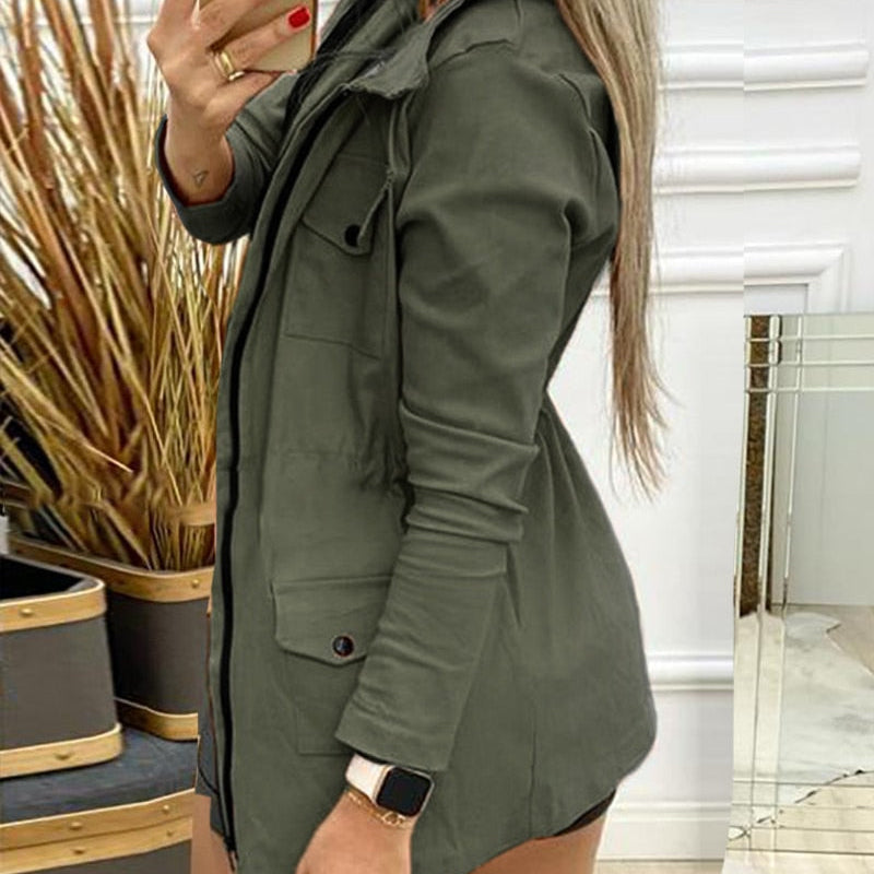 Fashion Women Blazer Fall Clothing Lady Jackets Pockt Design Casual Coat Tops Army Green