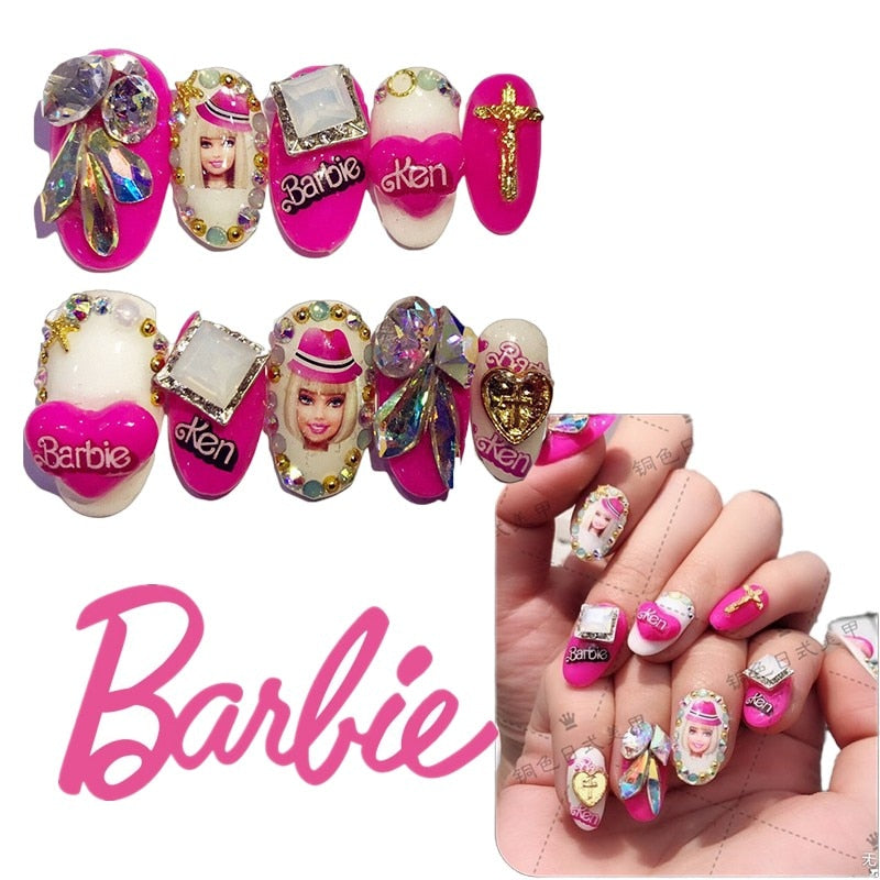 Fashion Women Finished Nails Barbie Series Handmade Manicure Phototherapy Nails Y2K Girls Plush Doll Varieties Nail Patch AMAIO
