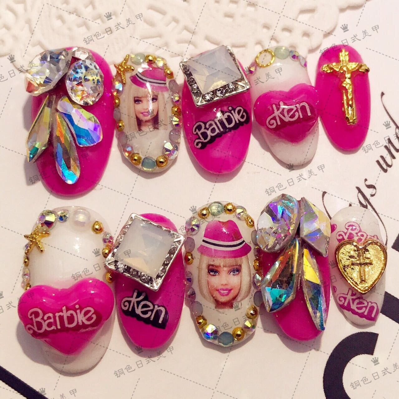 Fashion Women Finished Nails Barbie Series Handmade Manicure Phototherapy Nails Y2K Girls Plush Doll Varieties Nail Patch