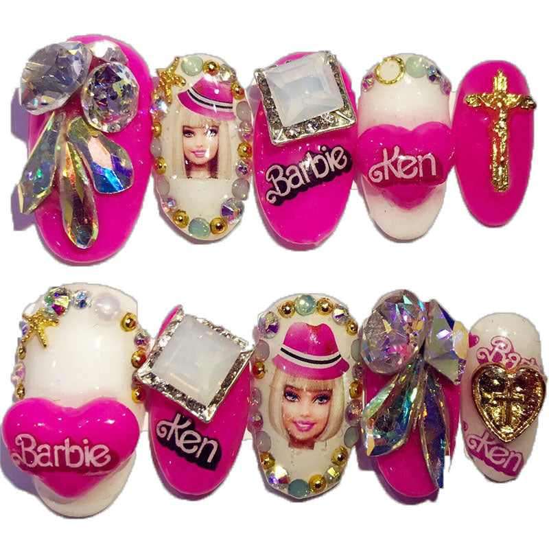 Fashion Women Finished Nails Barbie Series Handmade Manicure Phototherapy Nails Y2K Girls Plush Doll Varieties Nail Patch
