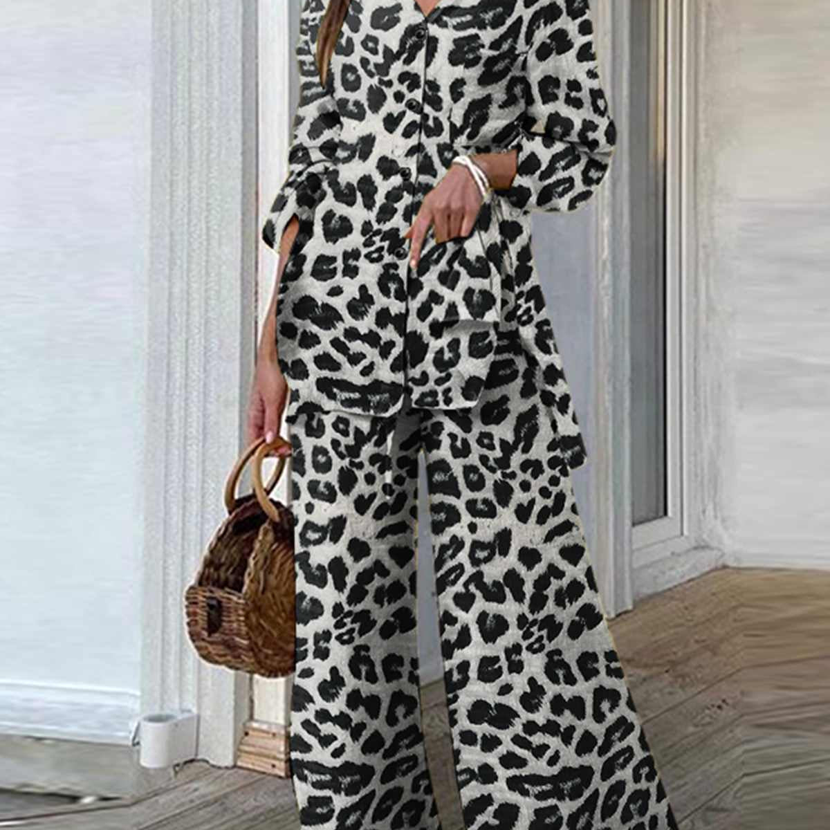 Fashion Women Leopard Print Pant Sets Casual Loose Tops and Pant Outfits Autumn Wide Leg Pant Leisure Two Piece Sets (Leopard)Dark Grey