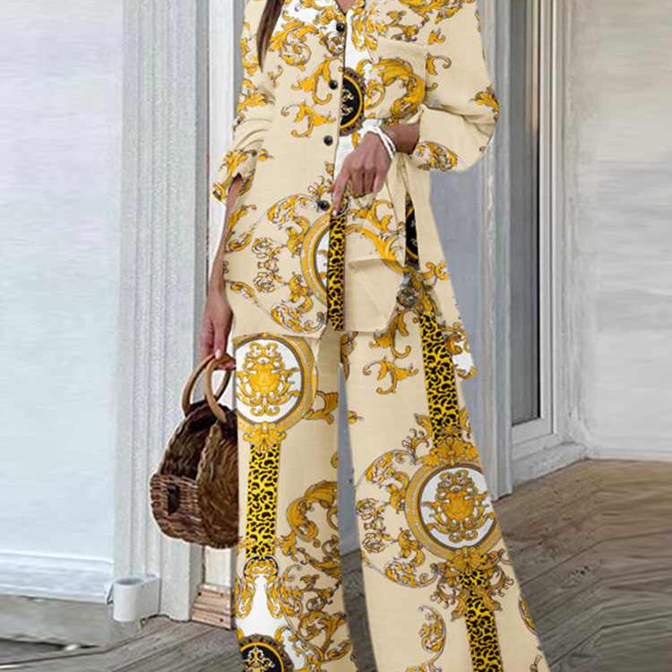 Fashion Women Leopard Print Pant Sets Casual Loose Tops and Pant Outfits Autumn Wide Leg Pant Leisure Two Piece Sets (Printed 2)Beige