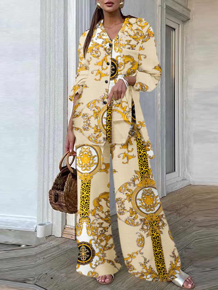 Fashion Women Leopard Print Pant Sets Casual Loose Tops and Pant Outfits Autumn Wide Leg Pant Leisure Two Piece Sets (Printed 2)Beige