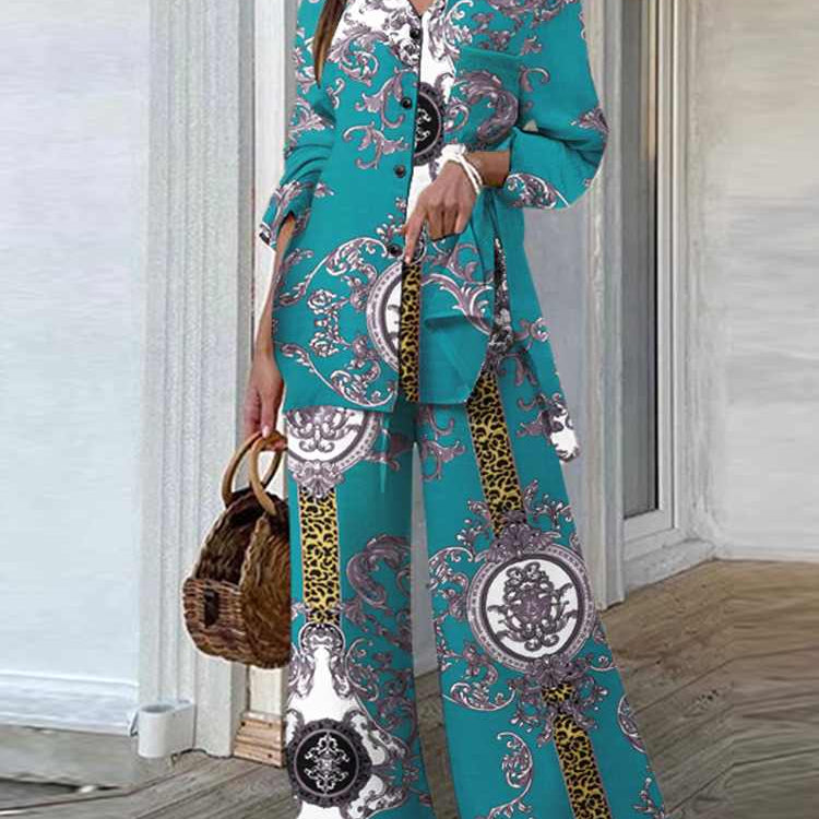 Fashion Women Leopard Print Pant Sets Casual Loose Tops and Pant Outfits Autumn Wide Leg Pant Leisure Two Piece Sets (Printed 2)Lake Blue