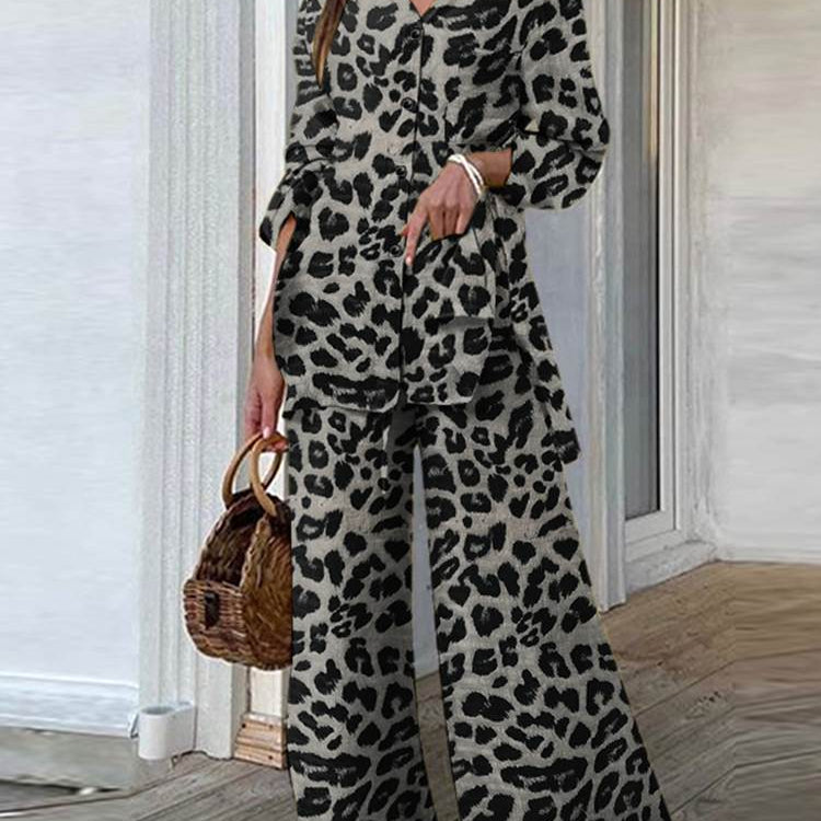 Fashion Women Leopard Print Pant Sets Casual Loose Tops and Pant Outfits Autumn Wide Leg Pant Leisure Two Piece Sets
