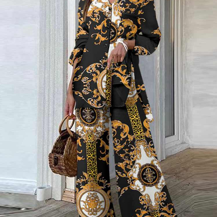 Fashion Women Leopard Print Pant Sets Casual Loose Tops and Pant Outfits Autumn Wide Leg Pant Leisure Two Piece Sets (Printed 2)Black