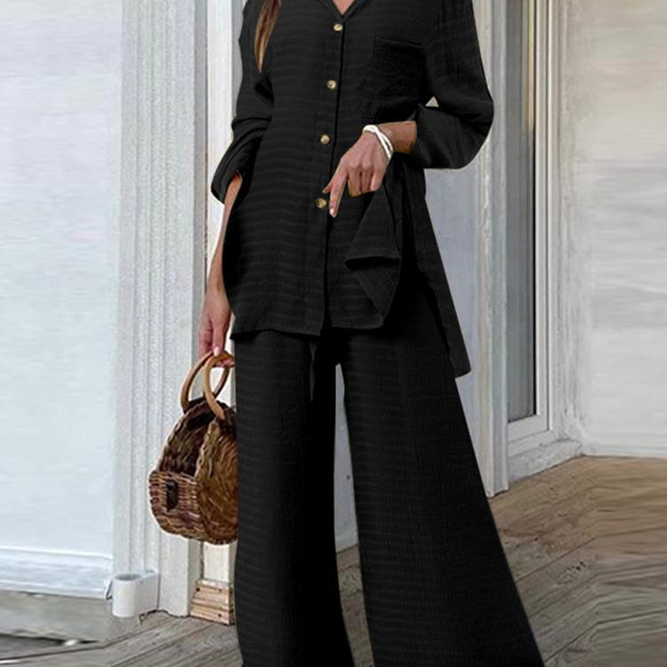 Fashion Women Leopard Print Pant Sets Casual Loose Tops and Pant Outfits Autumn Wide Leg Pant Leisure Two Piece Sets (Solid)Black