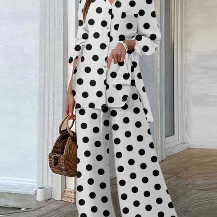 Fashion Women Leopard Print Pant Sets Casual Loose Tops and Pant Outfits Autumn Wide Leg Pant Leisure Two Piece Sets (Dot)White