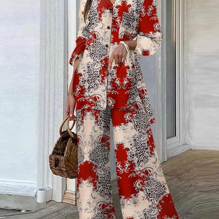 Fashion Women Leopard Print Pant Sets Casual Loose Tops and Pant Outfits Autumn Wide Leg Pant Leisure Two Piece Sets (Printed 1)Red