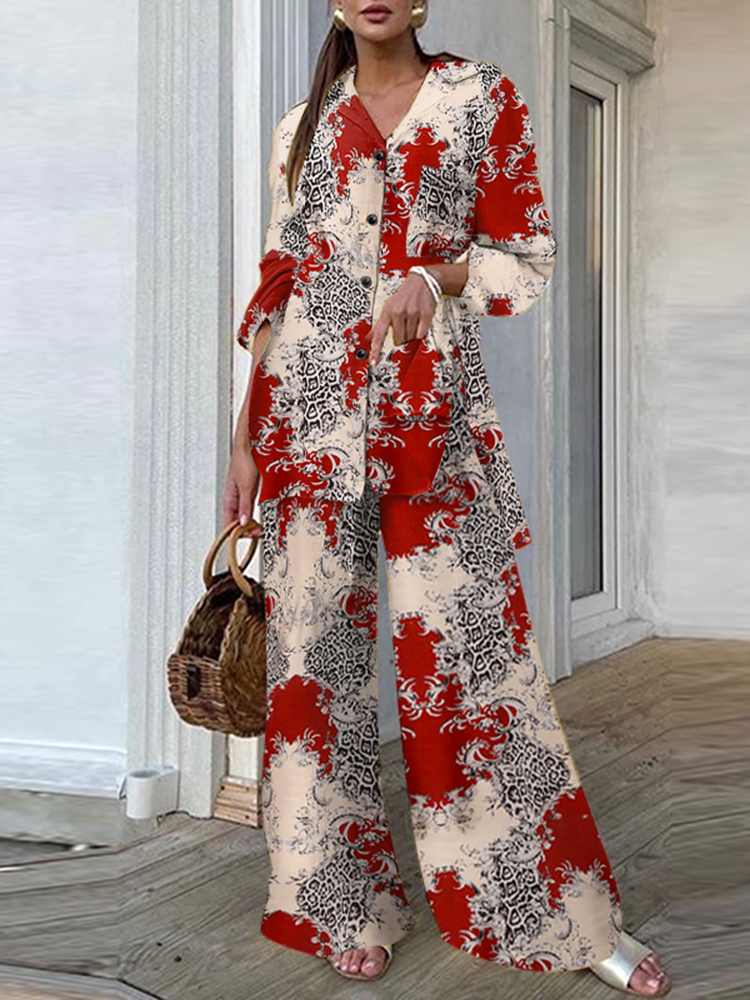 Fashion Women Leopard Print Pant Sets Casual Loose Tops and Pant Outfits Autumn Wide Leg Pant Leisure Two Piece Sets (Printed 1)Red