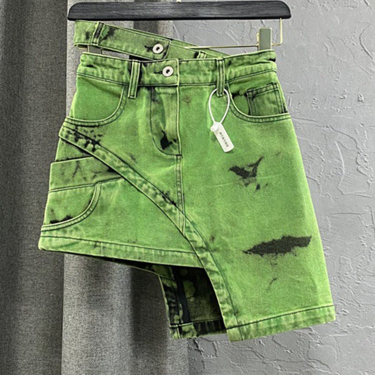 Fashion Women's Personalized Double Waist Design Green A-line Denim Skirt Asymmetric Hot Girl Short Skirts 2024 green