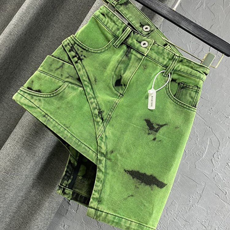 Fashion Women's Personalized Double Waist Design Green A-line Denim Skirt Asymmetric Hot Girl Short Skirts 2024
