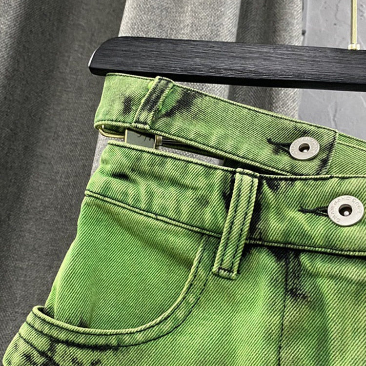 Fashion Women's Personalized Double Waist Design Green A-line Denim Skirt Asymmetric Hot Girl Short Skirts 2024