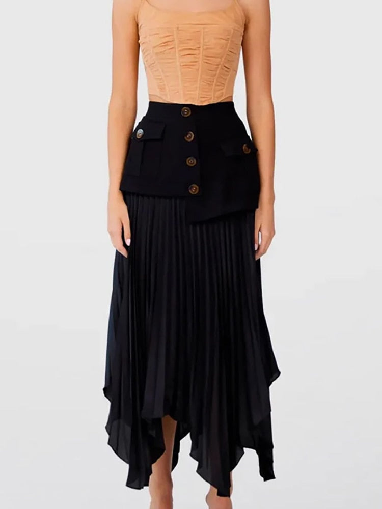 Fashion Women's Skirt High Waist Spliced Single Breasted Pleated Irregular Solid Color Long Skirts Spring 2024 New 17A6142