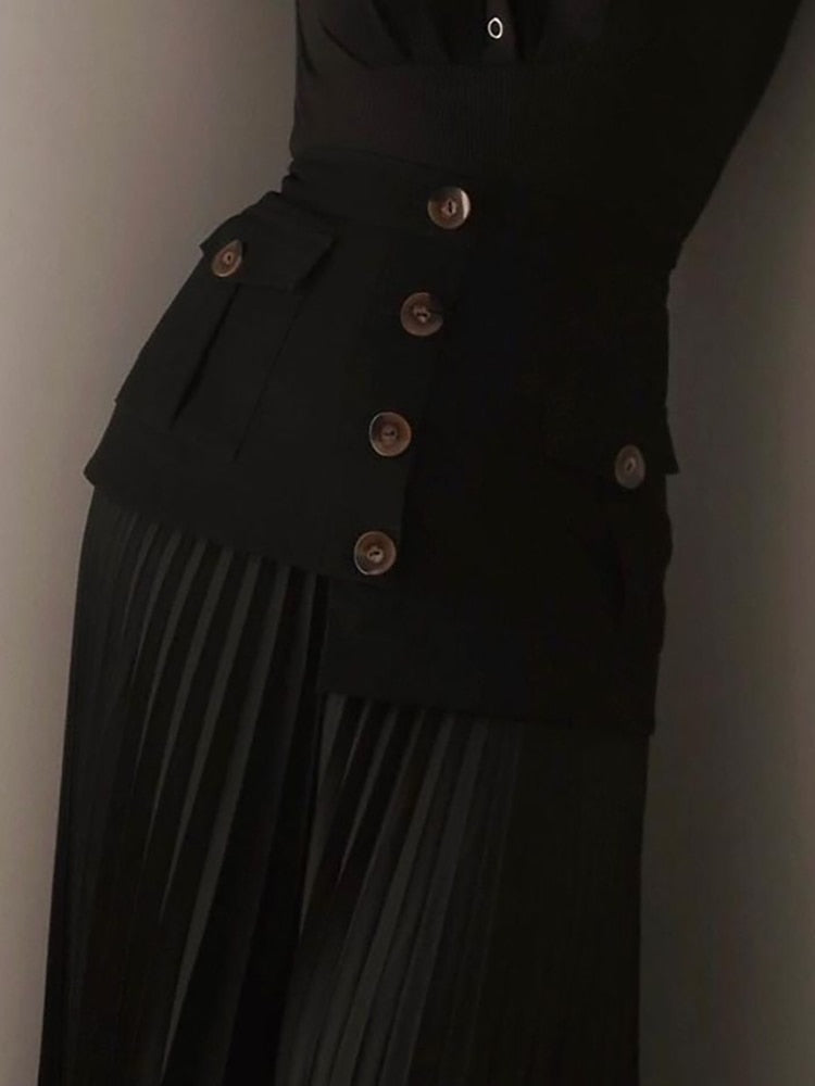 Fashion Women's Skirt High Waist Spliced Single Breasted Pleated Irregular Solid Color Long Skirts Spring 2024 New 17A6142