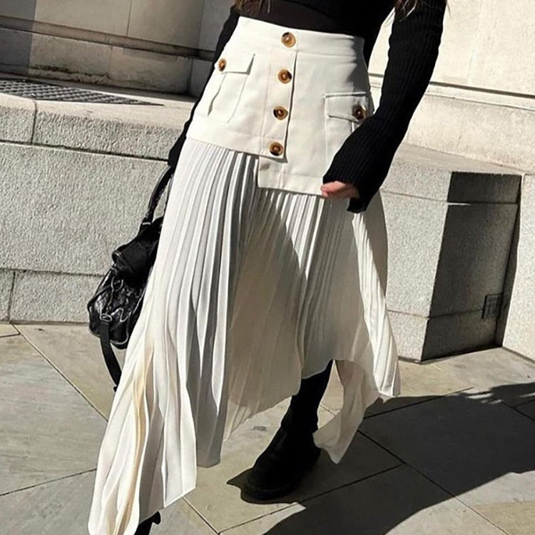 Fashion Women's Skirt High Waist Spliced Single Breasted Pleated Irregular Solid Color Long Skirts Spring 2024 New 17A6142 AMAIO