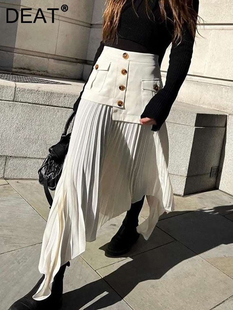 Fashion Women's Skirt High Waist Spliced Single Breasted Pleated Irregular Solid Color Long Skirts Spring 2024 New 17A6142