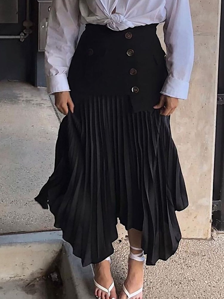 Fashion Women's Skirt High Waist Spliced Single Breasted Pleated Irregular Solid Color Long Skirts Spring 2024 New 17A6142
