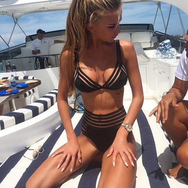 Fashion mesh striped sexy perspective split bikini