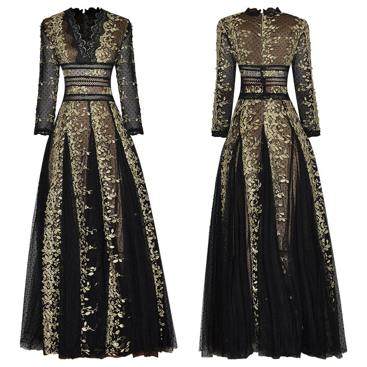 Fashion runway maxi dress V-neck high quality Lace mesh stitching Gold thread embroidery Slim party long dress Women