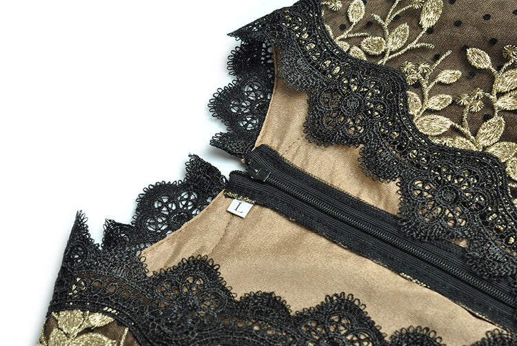 Fashion runway maxi dress V-neck high quality Lace mesh stitching Gold thread embroidery Slim party long dress Women